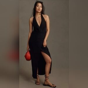Anthropologie Linen Halter V-Neck Column Midi Dress Black Size Small